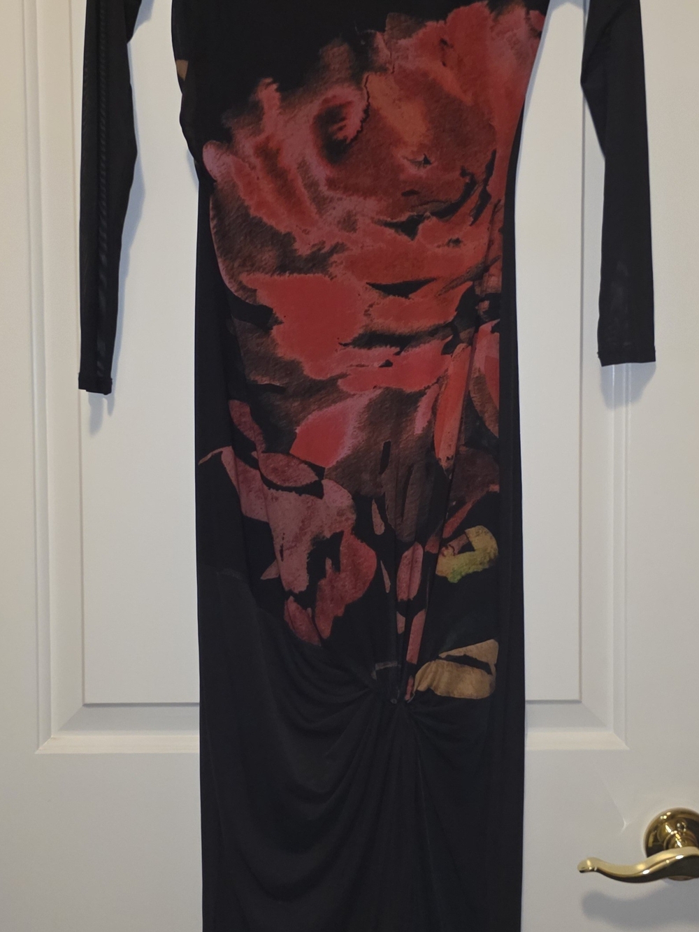 Guess Black Long-Sleeve Maxi Dress with Red Floral Motif